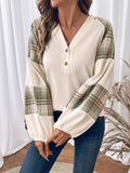 Plaid V - Neck Button Front Sweatshirt - CELIVINE