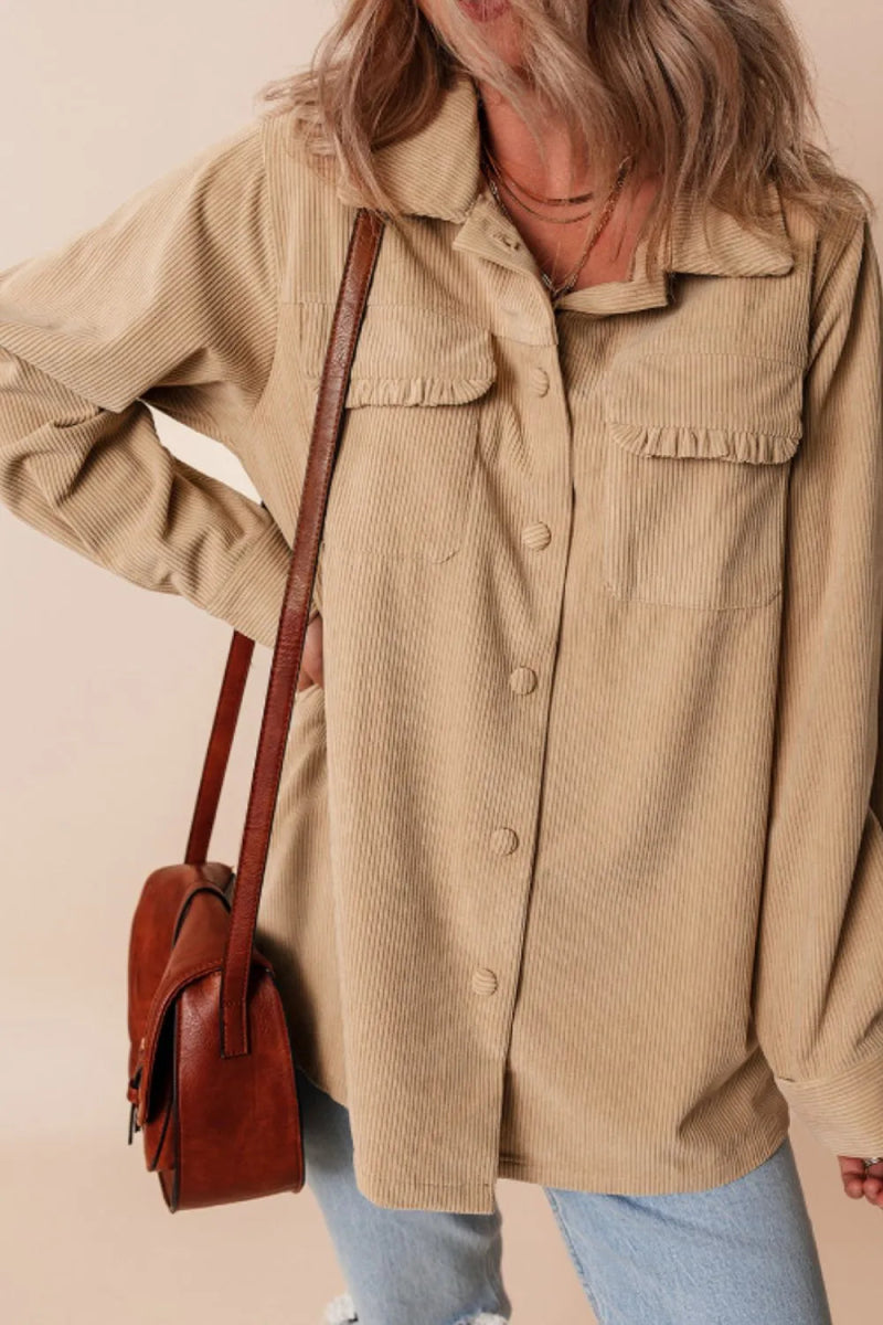 Frill Button Up Long Sleeve Shacket - CELIVINE