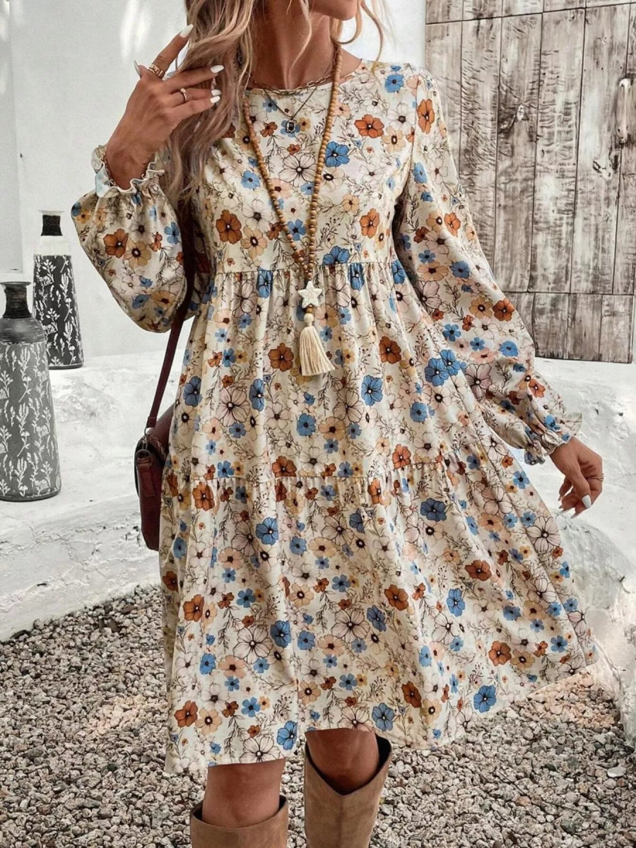 Floral Print Long Sleeve Tiered Dress - CELIVINE