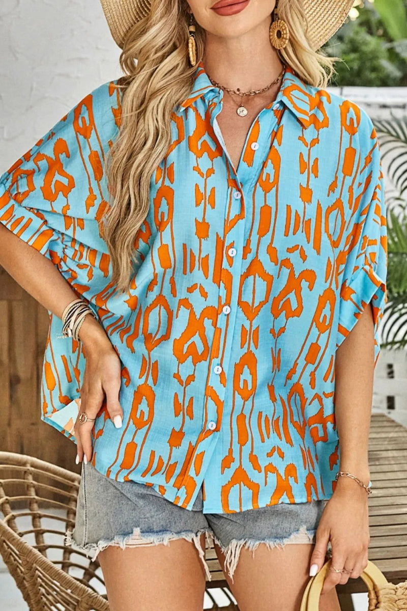 Abstract Print Dolman Short Sleeve Western Loose Shirt - CELIVINE