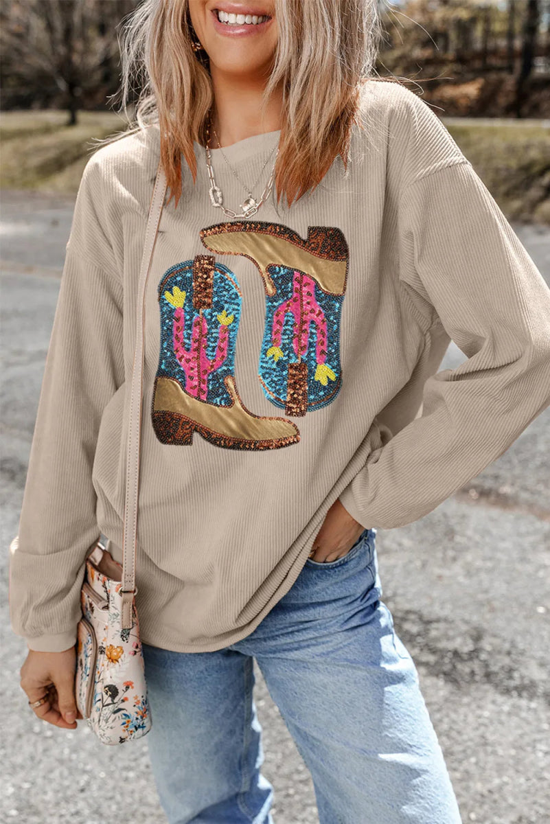 Full Size Sequin Boots Round Neck Long Sleeve Sweatshirt - CELIVINE