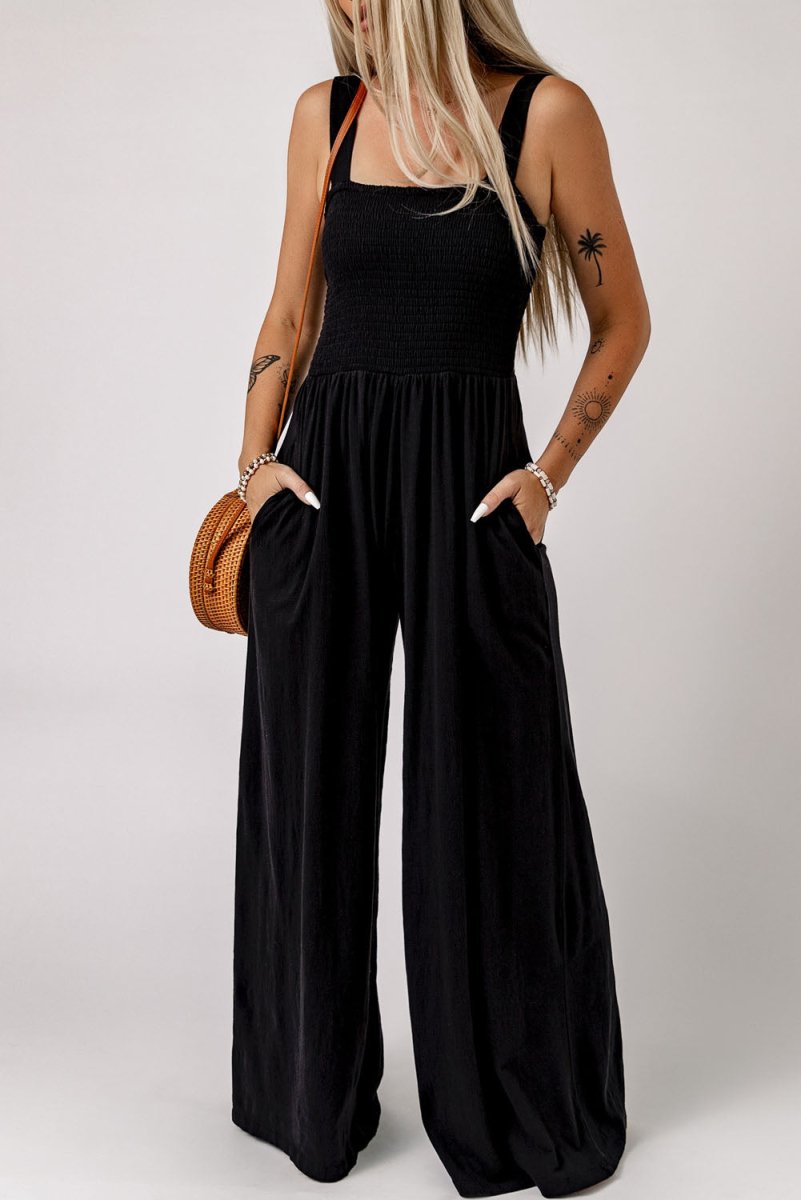 Smocked Square Neck Wide Leg Jumpsuit with Pockets - CELIVINE