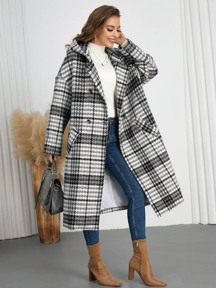 Plaid Double - Breasted Long Sleeve Longline Coat - CELIVINE