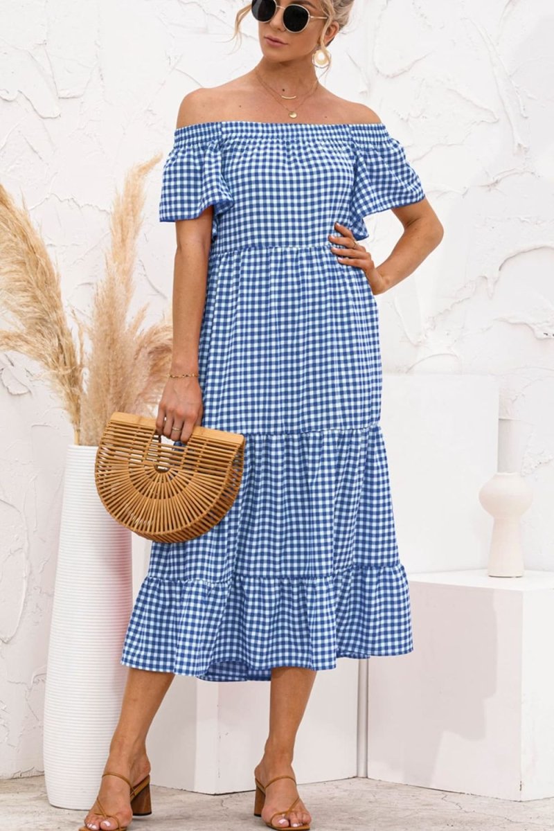 Plaid Off - Shoulder Tiered Midi Dress - CELIVINE
