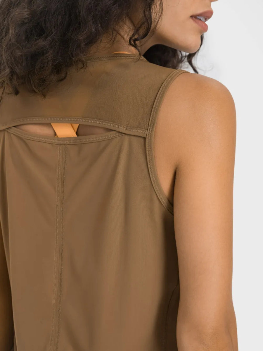 Cutout Back Round Neck Active Tank - CELIVINE