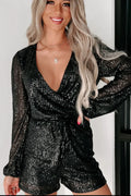 Sequin Surplice Long Sleeve Romper - CELIVINE