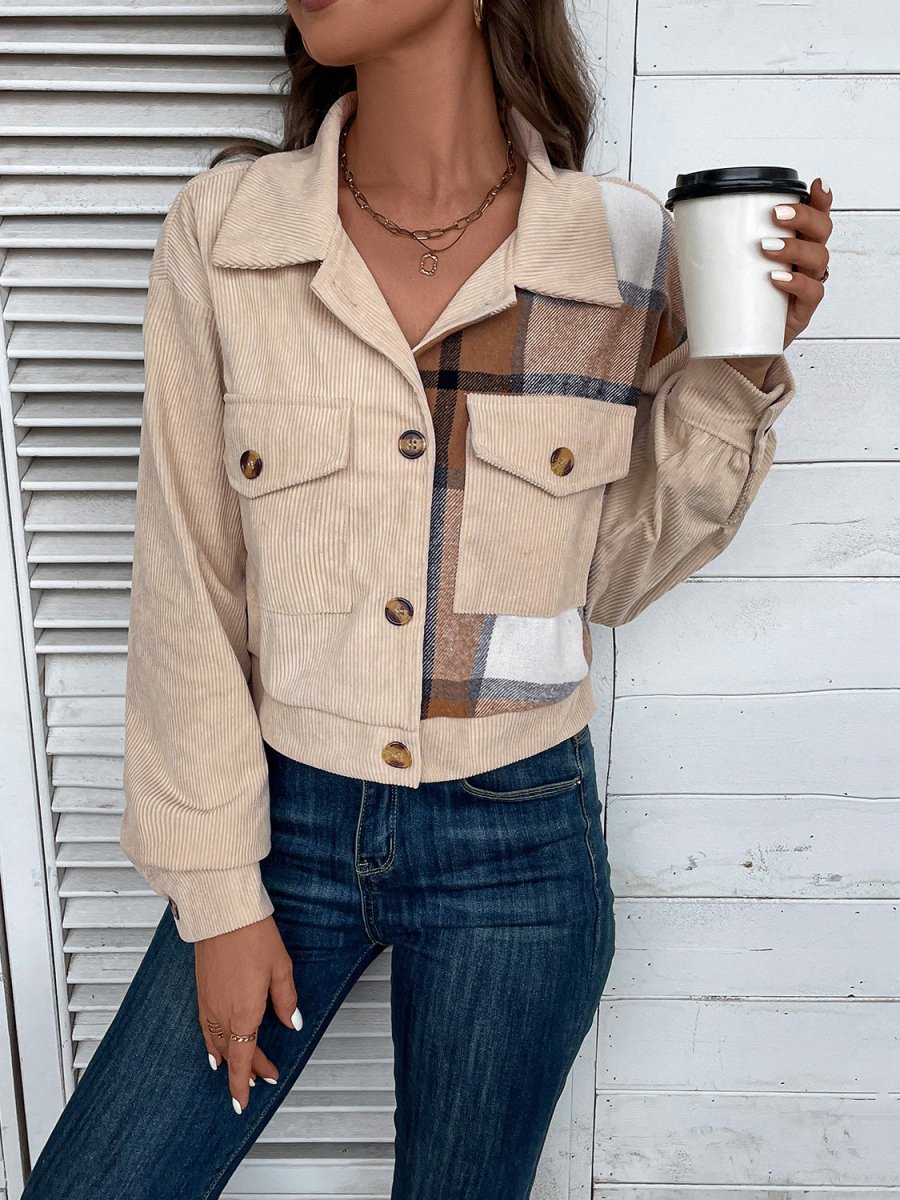 Color Block Collared Neck Button - Up Jacket - CELIVINE