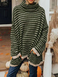 Striped Turtleneck Sweater with Pockets - CELIVINE