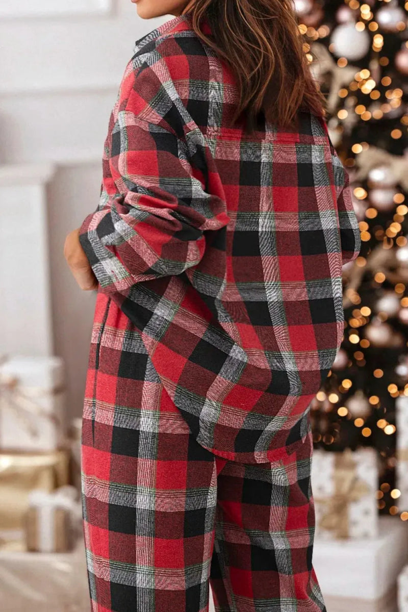 Plaid Long Sleeve Top and Pants Lounge Set - CELIVINE