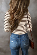 Striped V - Neck Long Sleeve Top - CELIVINE