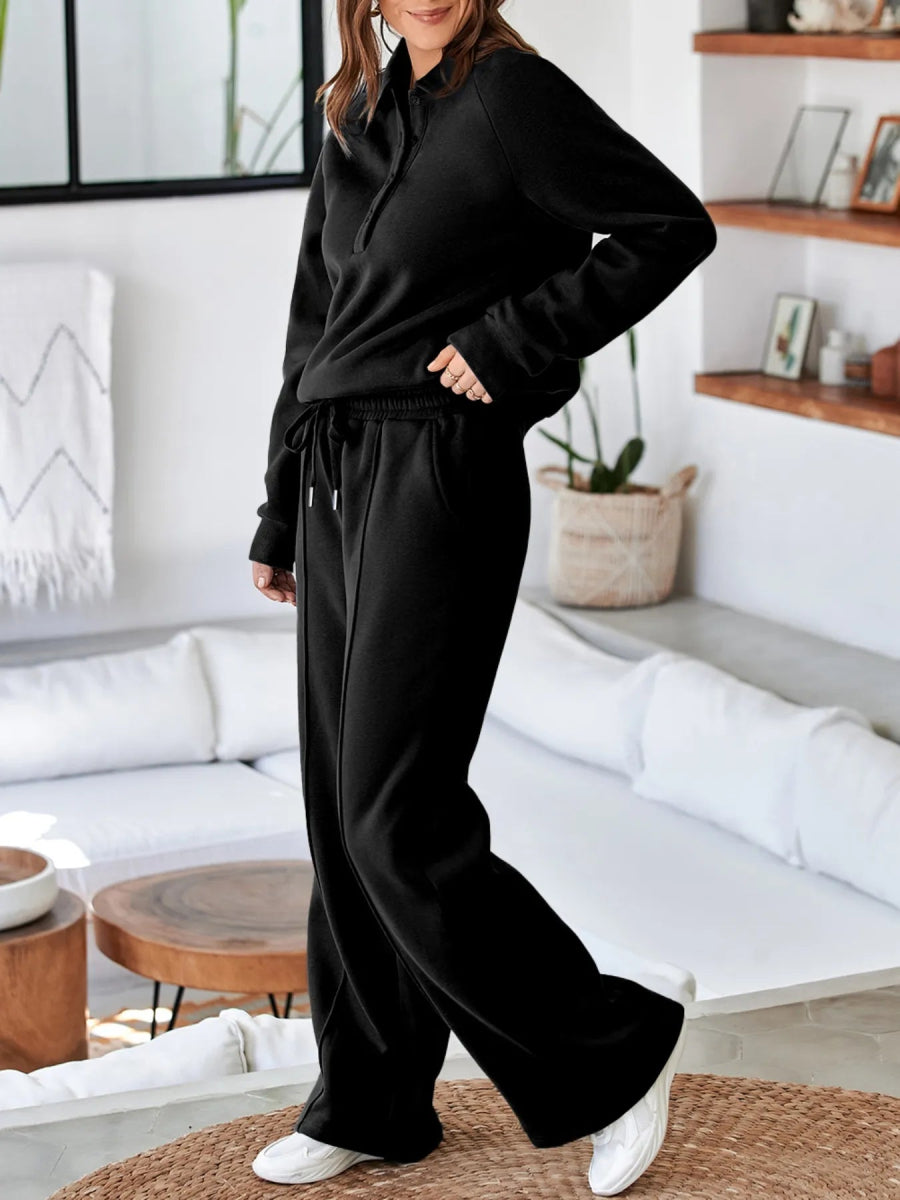 Collared Sweatshirt and High Waist Pants Active Set - CELIVINE