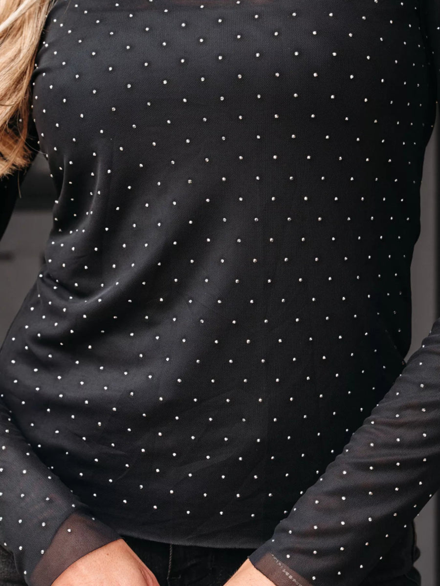 Rhinestone Embellished Mesh Long Sleeve Top - CELIVINE