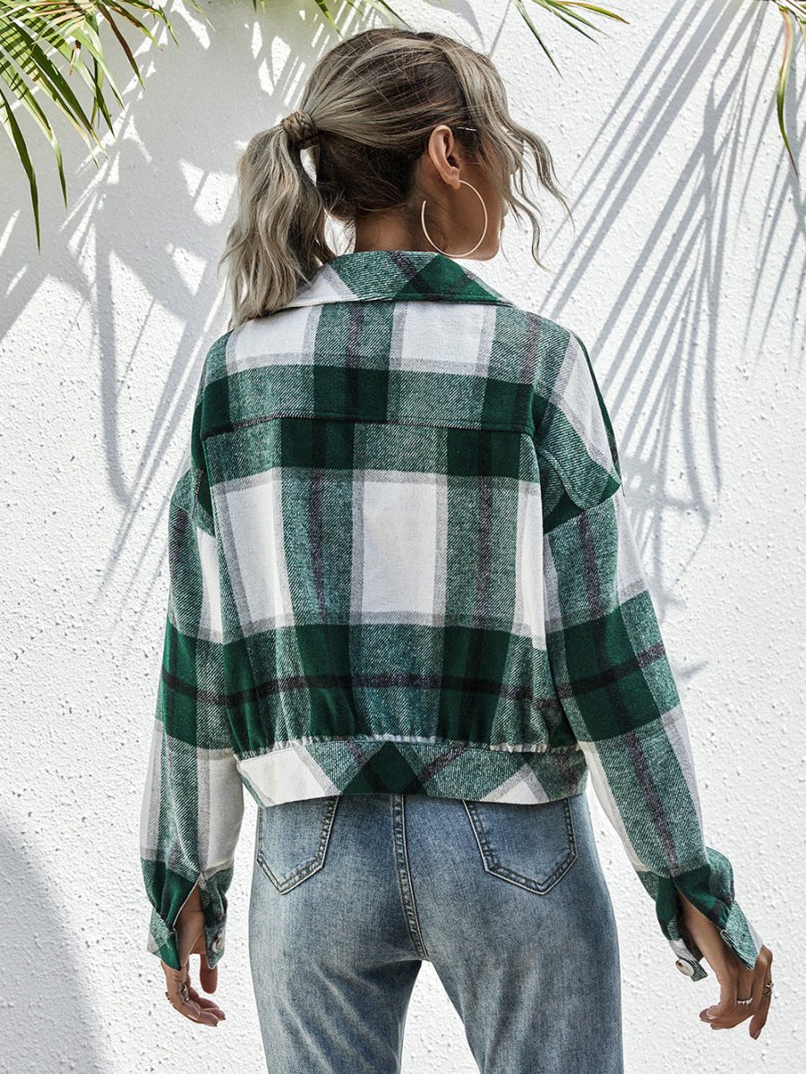 Plaid Dropped Shoulder Shirt Jacket - CELIVINE