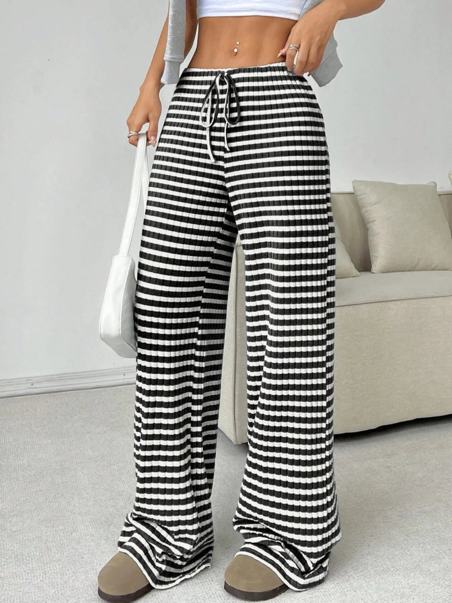 Striped Wide Leg Drawstring Pants - CELIVINE