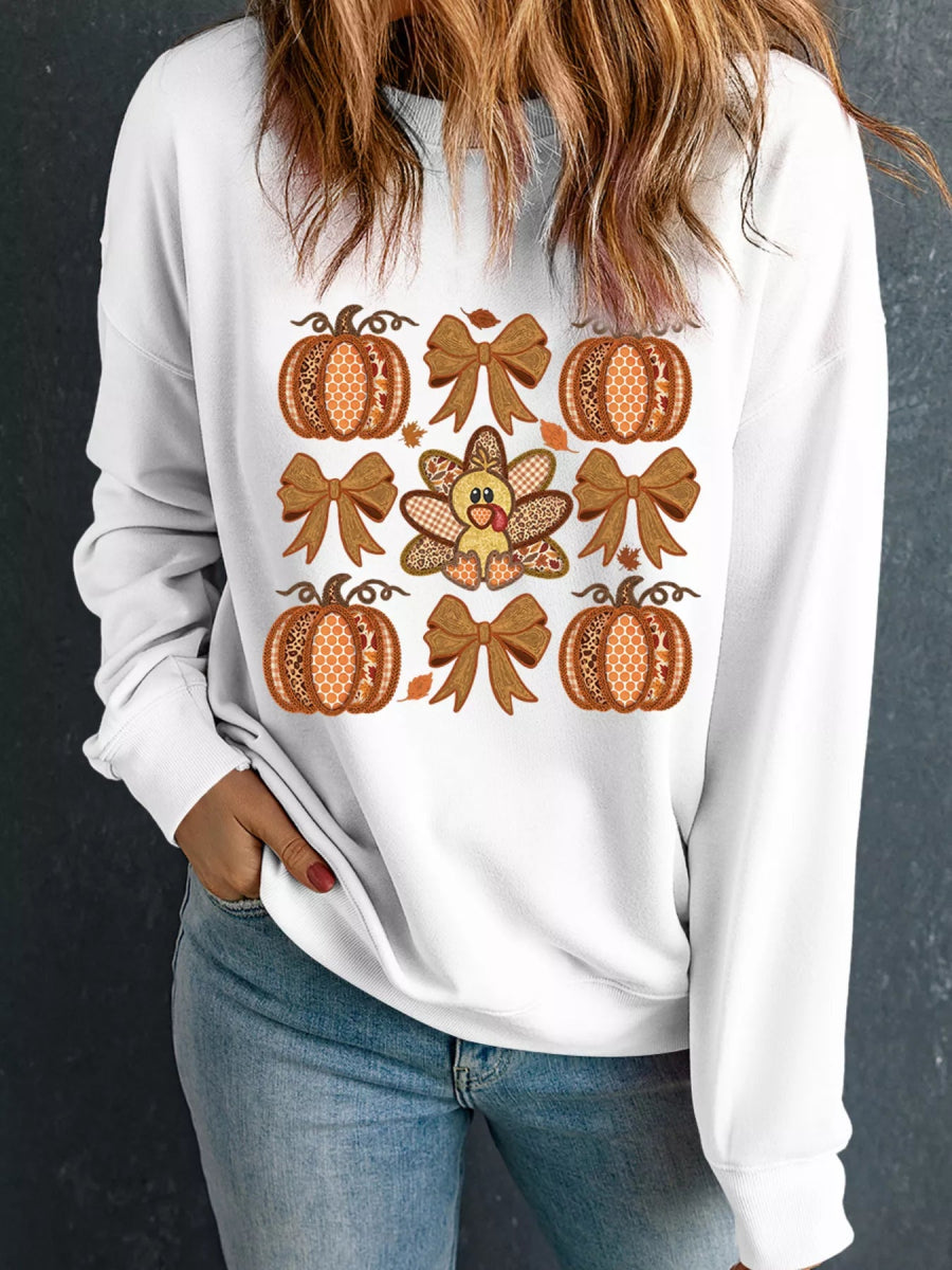 Halloween Pumpkin Bow Graphic Drop Shoulder Sweatshirt - CELIVINE