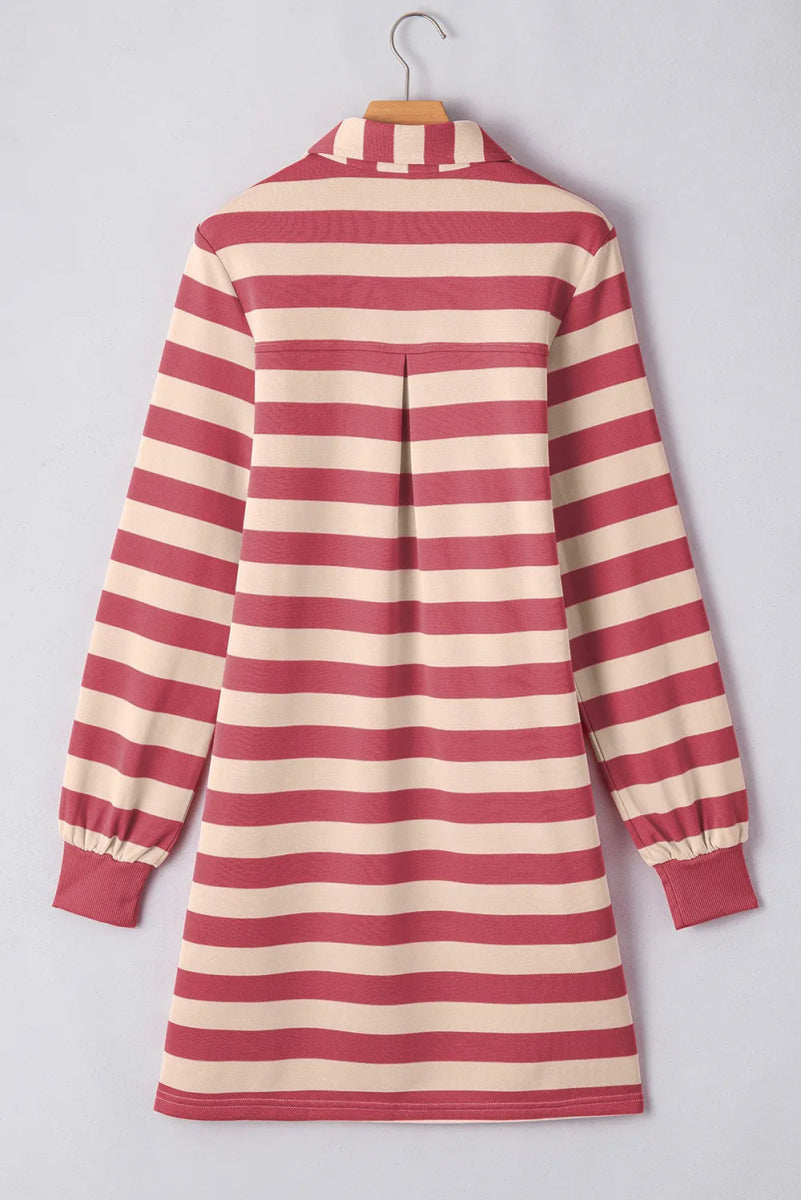 Contrast Striped Johnny Collar Long Sleeve Mini Dress - CELIVINE