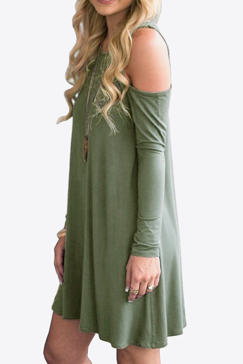 Cold - Shoulder Long Sleeve Round Neck Dress - CELIVINE