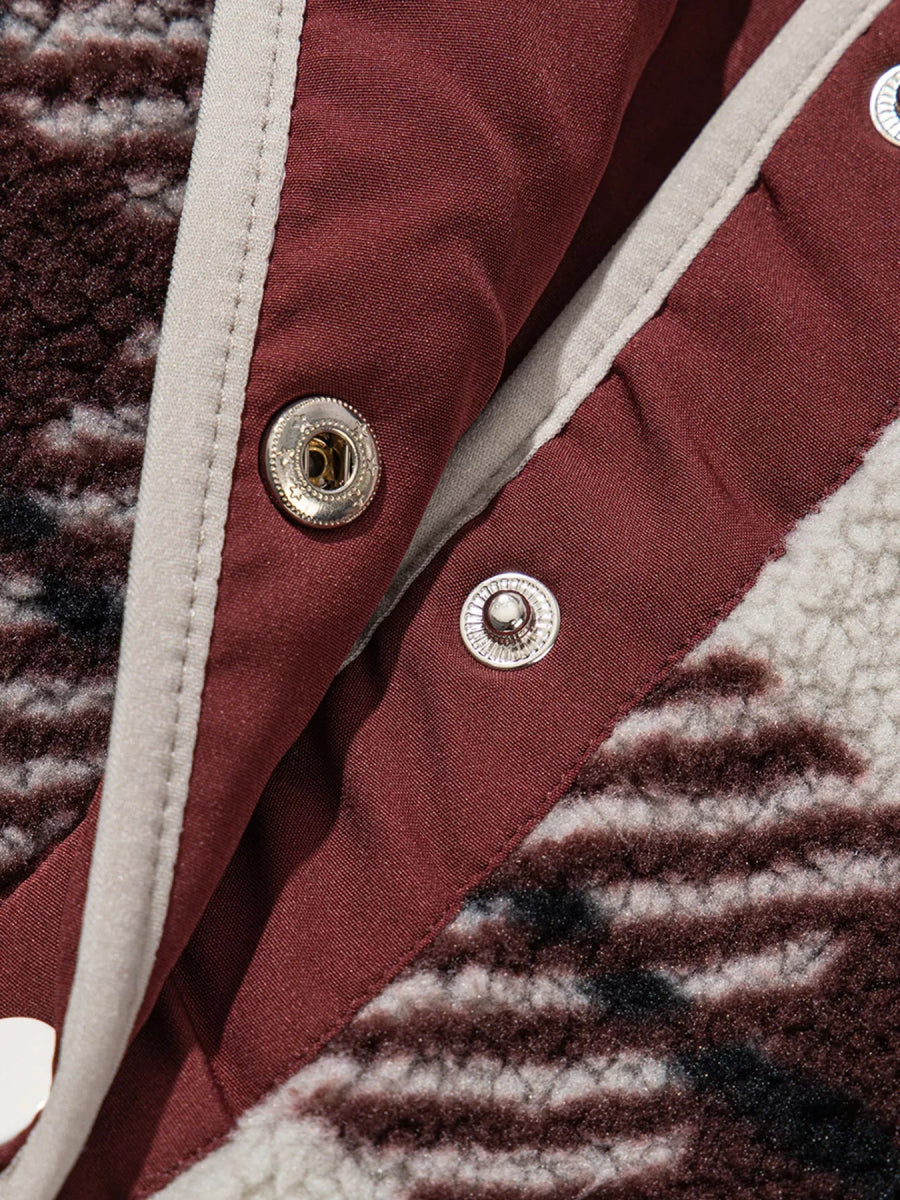 Plaid Buttoned Stand Collar Fleece Jacket - CELIVINE