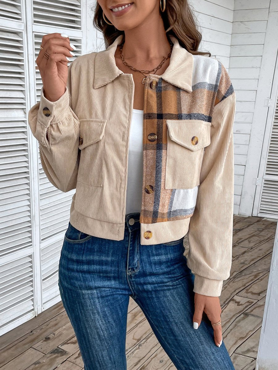 Color Block Collared Neck Button - Up Jacket - CELIVINE