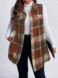 Honey Plus Size Pocketed Plaid Button Up Vest Coat - CELIVINE