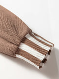 Waffle Texture Striped Patchwork Button Neck Drawstring Hoodie - CELIVINE