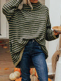 Striped Turtleneck Sweater with Pockets - CELIVINE