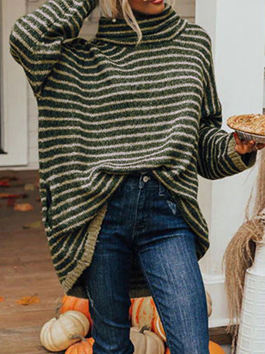 Striped Turtleneck Sweater with Pockets - CELIVINE