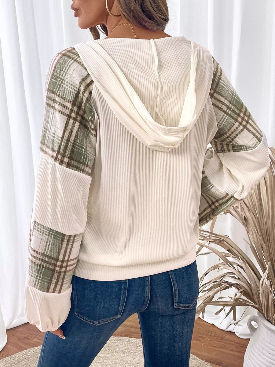 Plaid V - Neck Button Front Sweatshirt - CELIVINE
