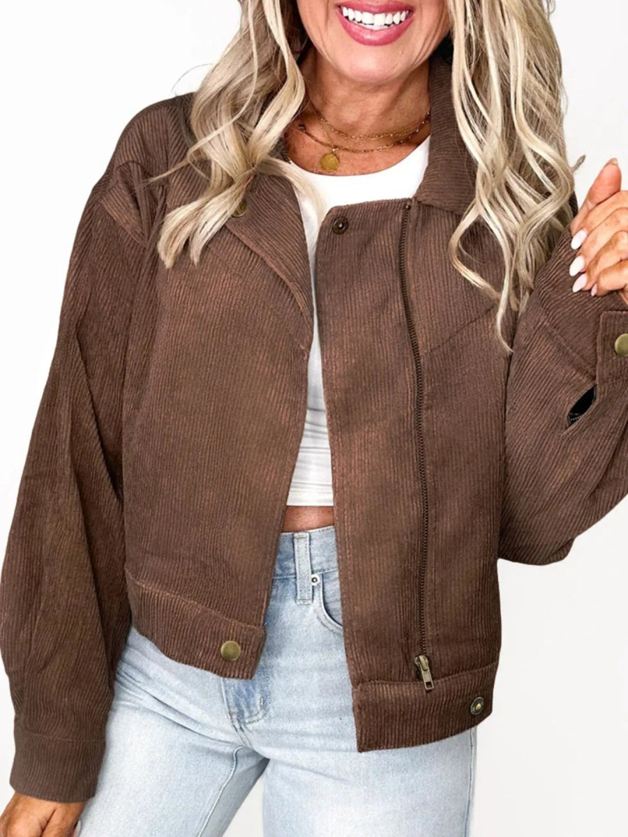 Corduroy Cropped Bomber Jacket - CELIVINE