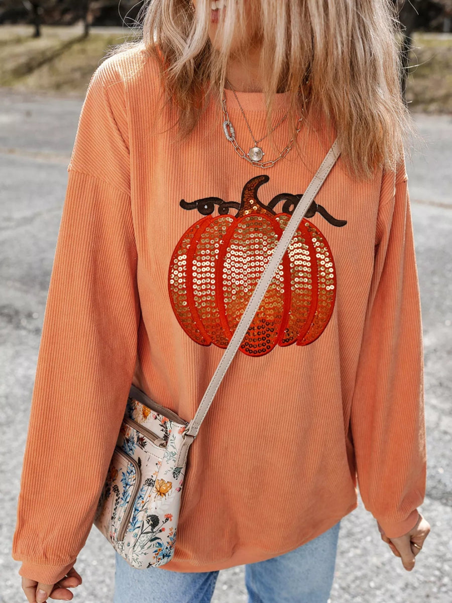 Halloween Sequined Pumpkin Ribbed Round Neck Sweatshirt - CELIVINE