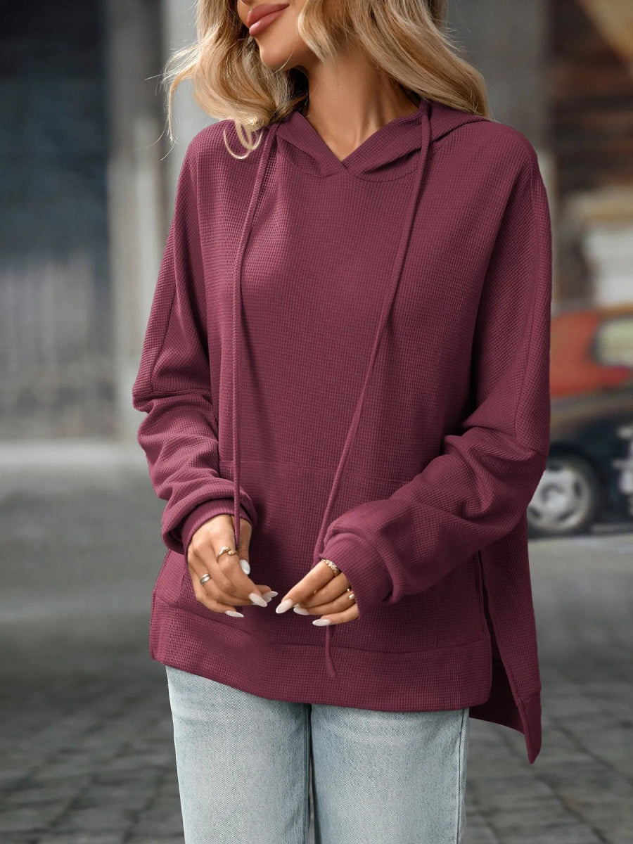 Textured Drawstring Long Sleeve Hoodie - CELIVINE