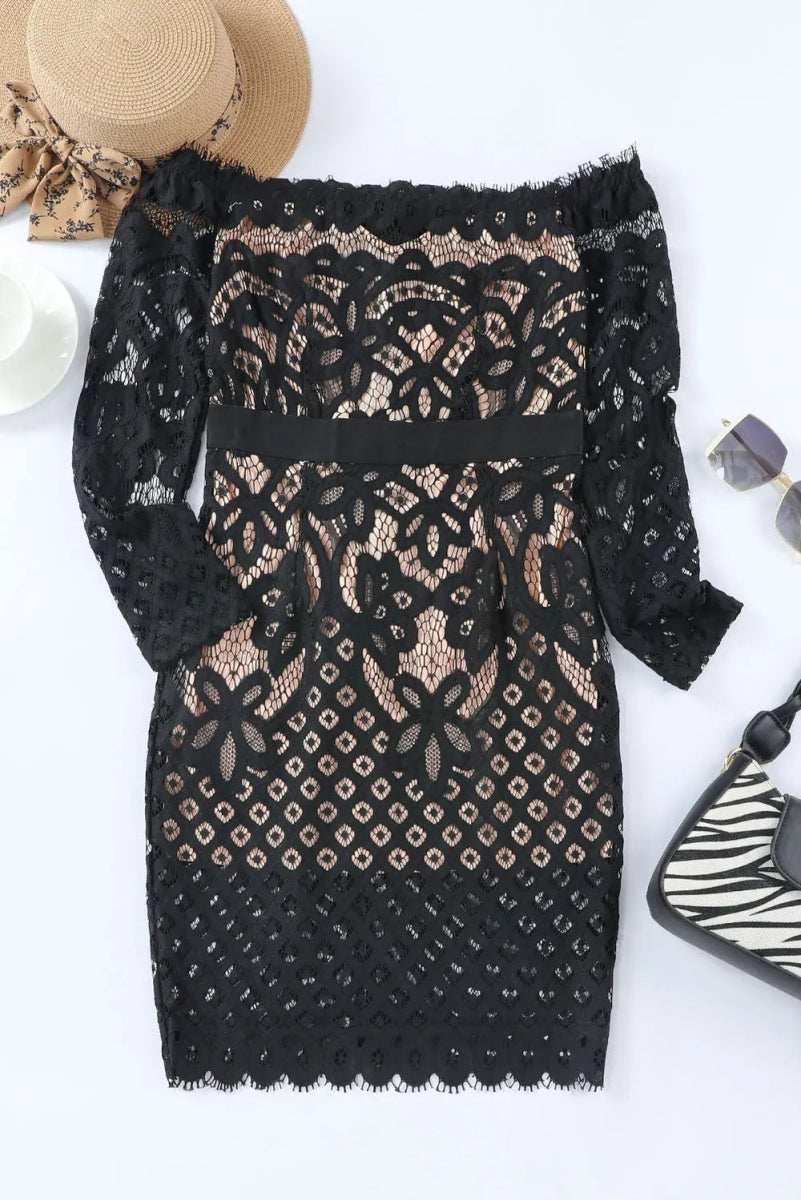 Off - Shoulder Long Sleeve Lace Dress - CELIVINE