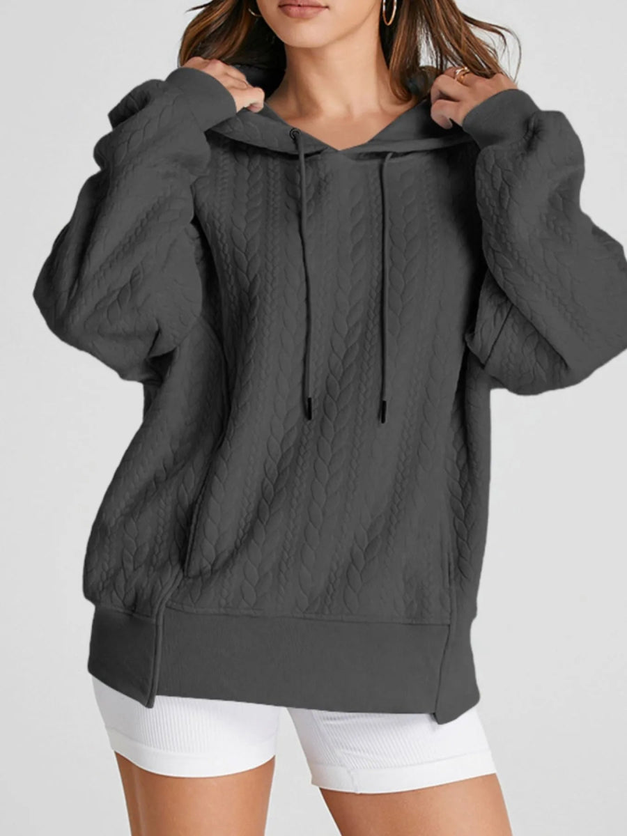 Drawstring Textured Baggy Solid Hoodie - CELIVINE