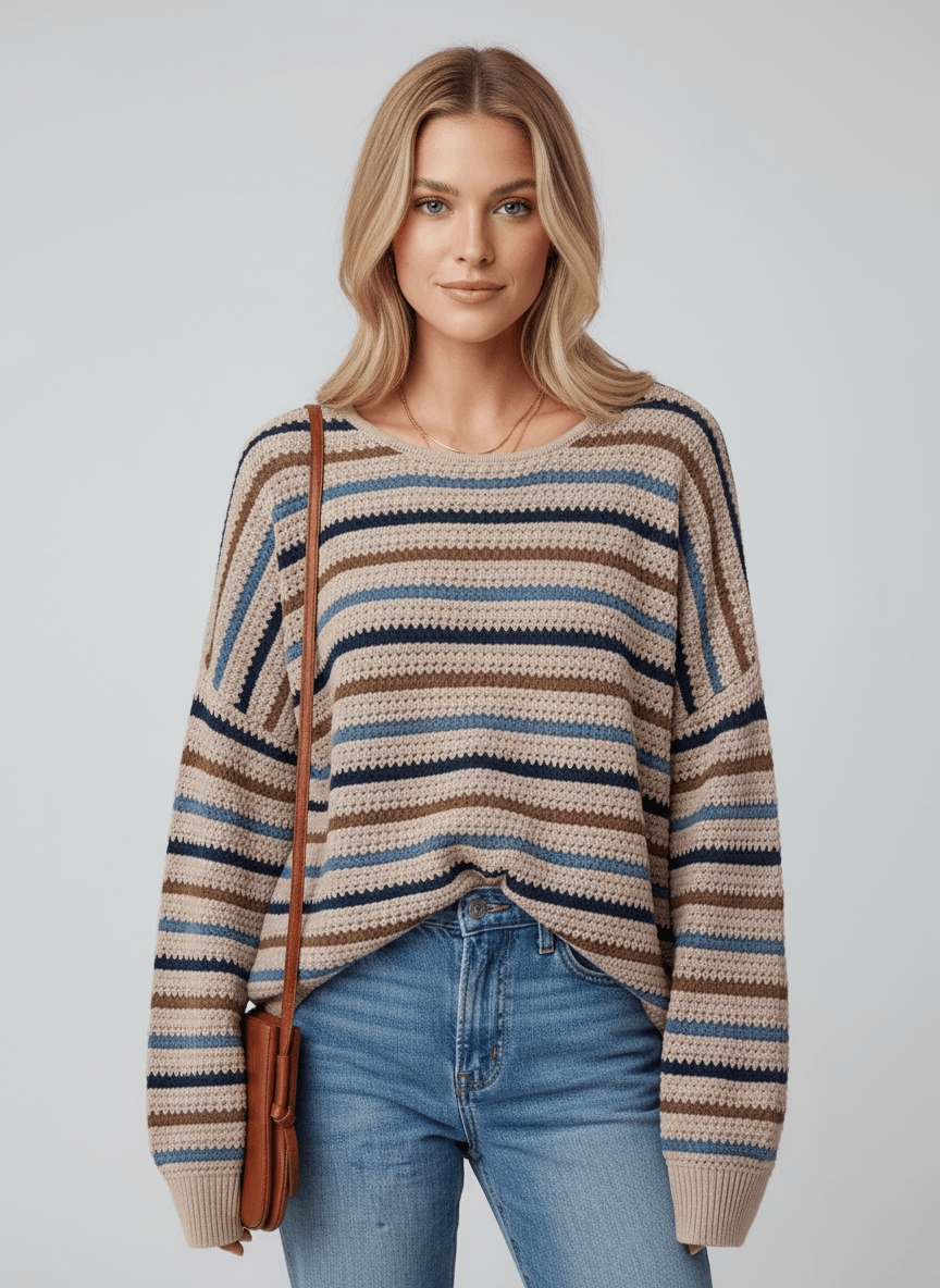 Multicolour Striped Knitted Drop Shoulder Round Neck Sweater - CELIVINE