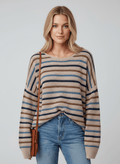 Multicolour Striped Knitted Drop Shoulder Round Neck Sweater - CELIVINE