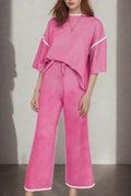 Contrast Trim Round Neck Top and Pants Set - CELIVINE