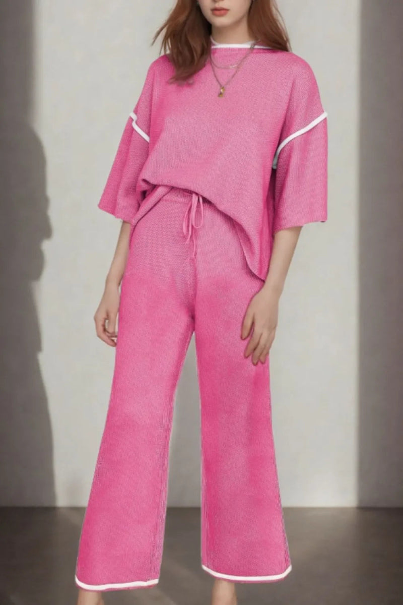 Contrast Trim Round Neck Top and Pants Set - CELIVINE