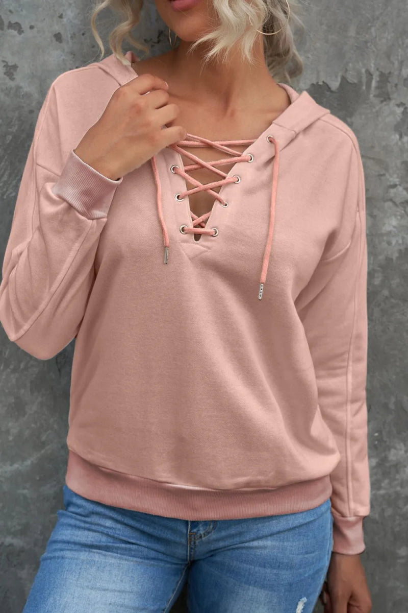 Lace Up Long Sleeve Hoodie - CELIVINE
