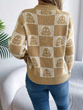 Halloween Ghost Pattern Checkered Round Neck Sweater - CELIVINE
