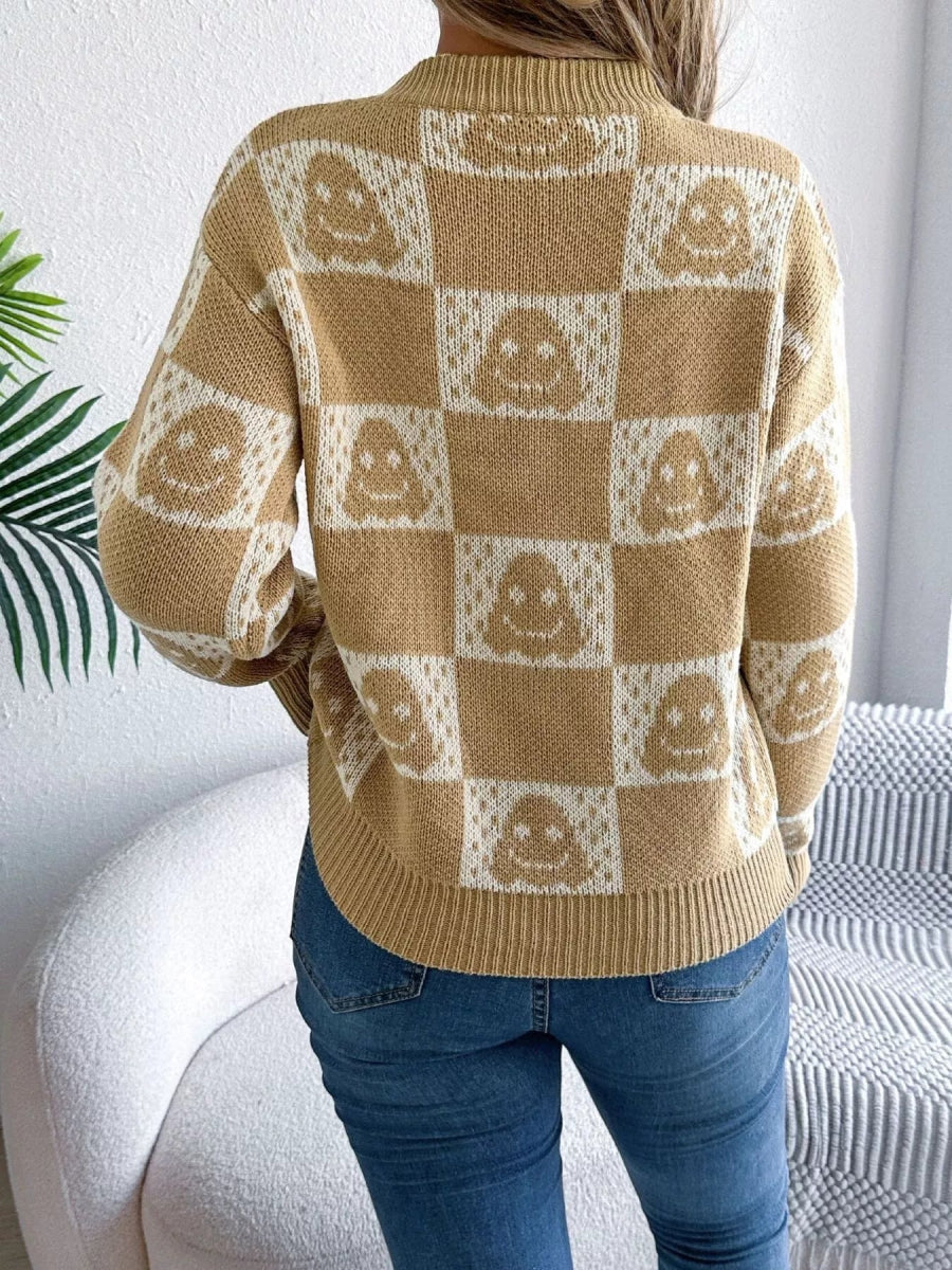 Halloween Ghost Pattern Checkered Round Neck Sweater - CELIVINE