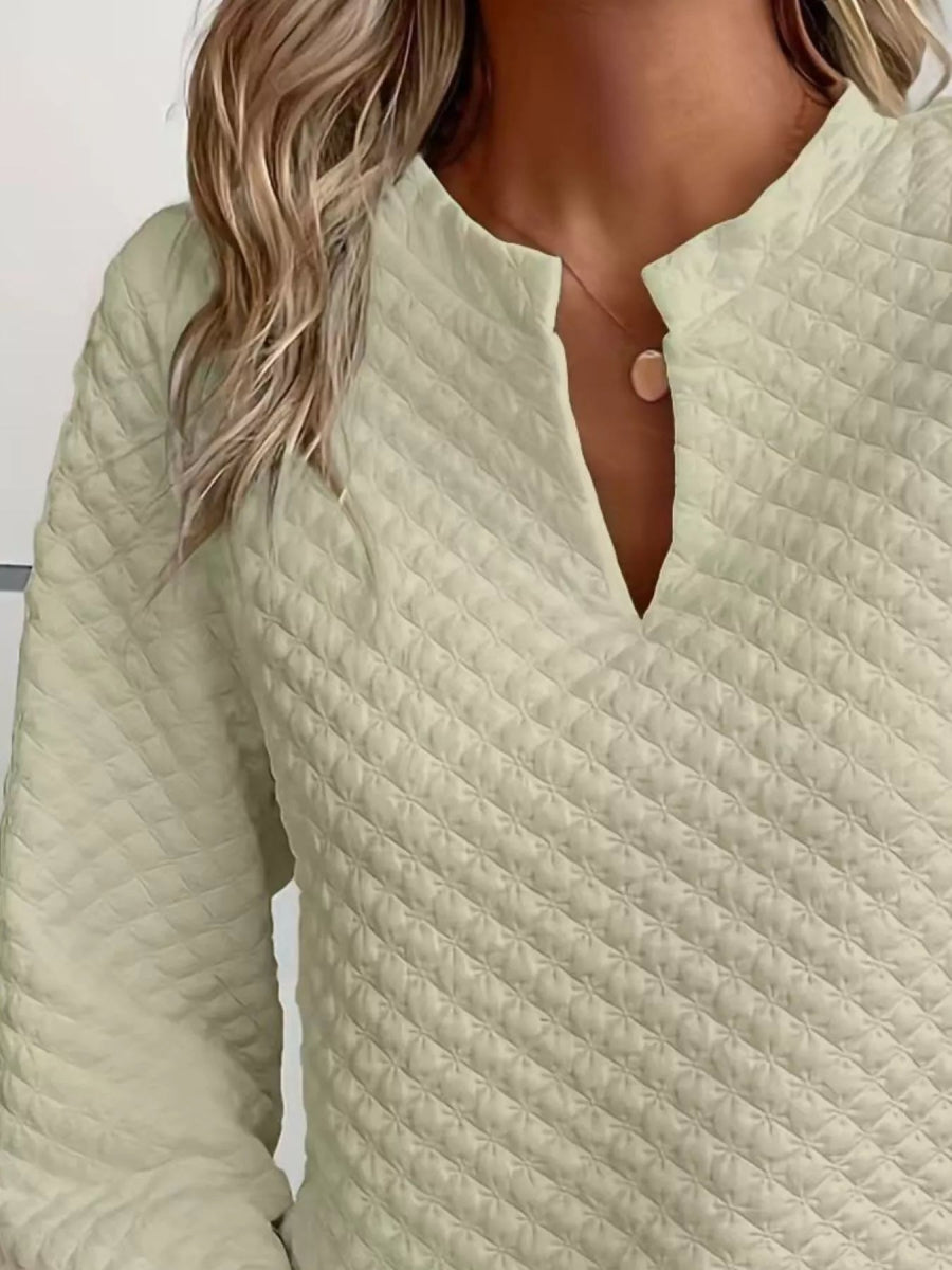 Quilted Texture Long Sleeve Sweatshirt with Notched Neck - CELIVINE