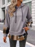 Plaid Drawstring Long Sleeve Hoodie - CELIVINE
