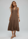 Decorative Button Notched Sleeveless Dress - CELIVINE