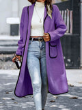 Full Size Contrast Trim Long Sleeve Coat with Pockets - CELIVINE