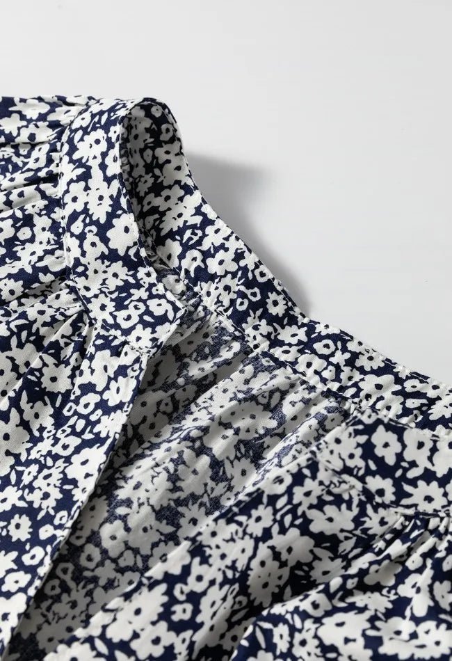 Floral Print Notched Long Sleeve Blouse - CELIVINE