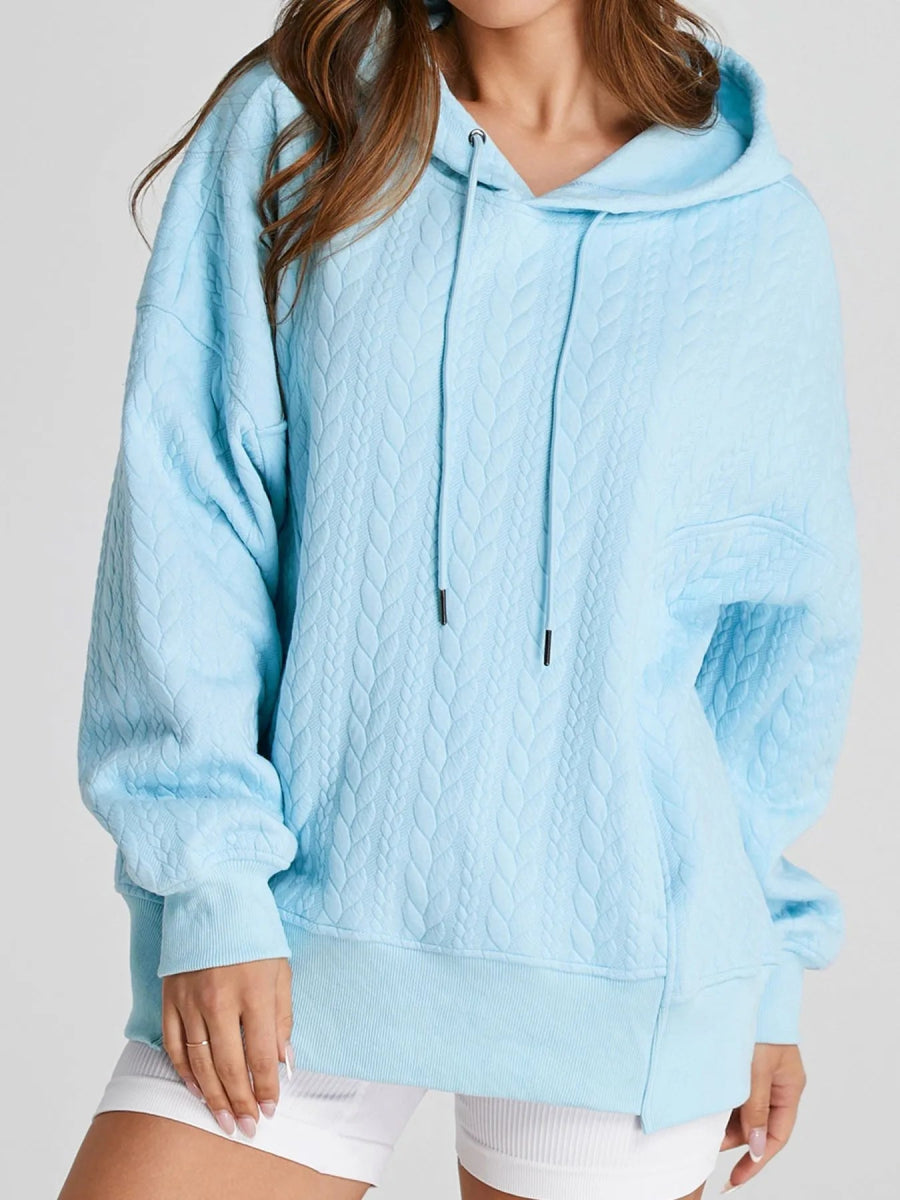 Drawstring Textured Baggy Solid Hoodie - CELIVINE