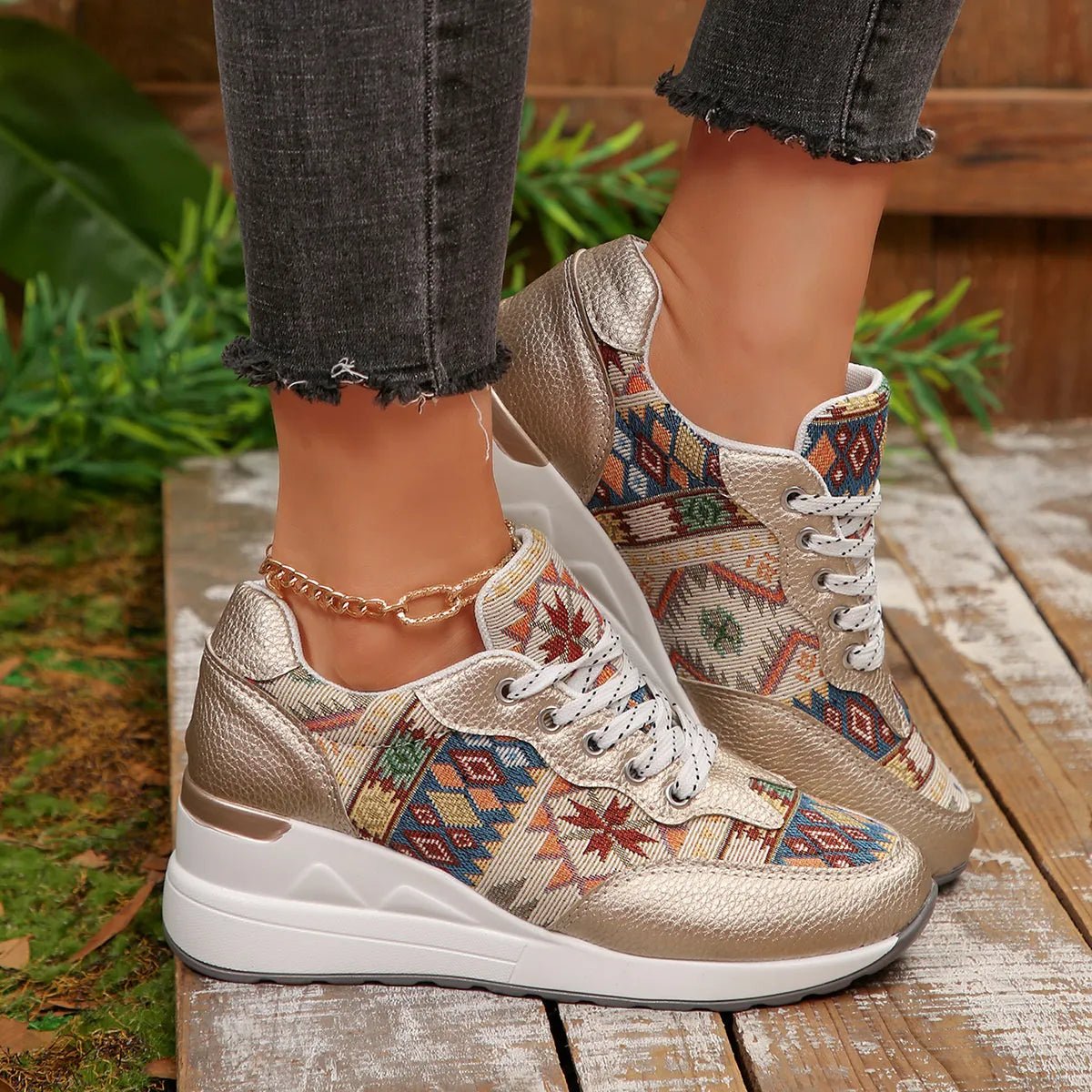Geometric Lace Up Wedge Sneakers - CELIVINE