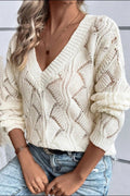 Openwork V - Neck Long Sleeve Sweater - CELIVINE