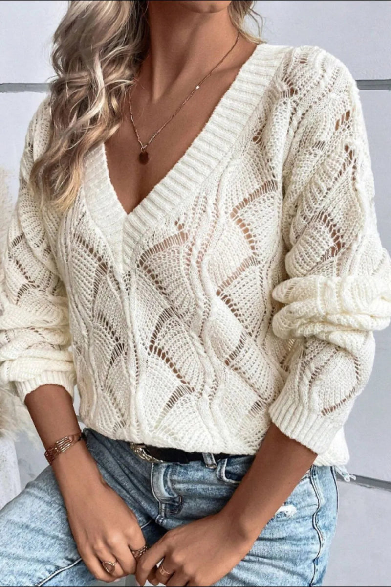 Openwork V - Neck Long Sleeve Sweater - CELIVINE