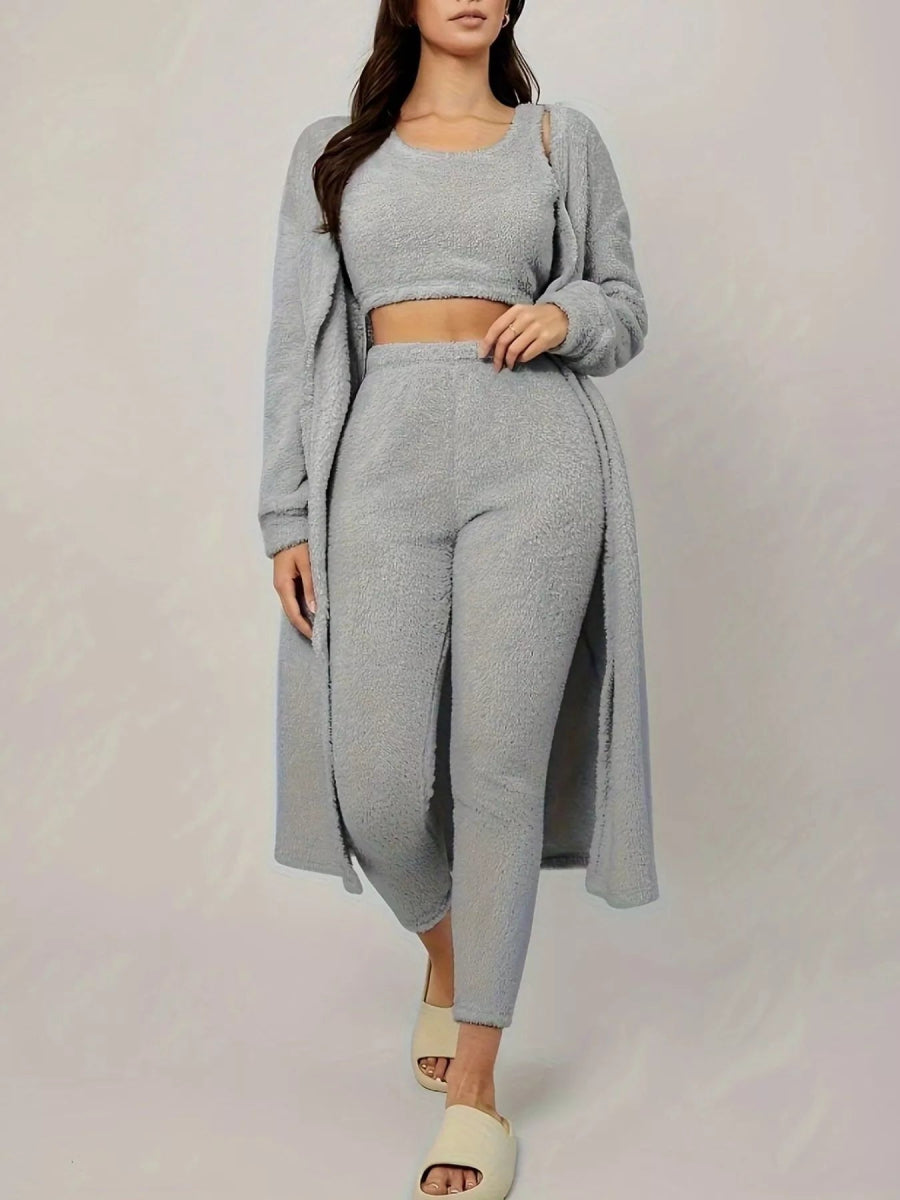 Fuzzy Tank Long Sleeve Cardigan and Pants 3 - Piece Lounge Set - CELIVINE